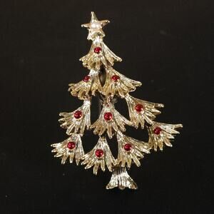 Festive Golden Christmas Tree Brooch, Vintage Christmas Themed Pin